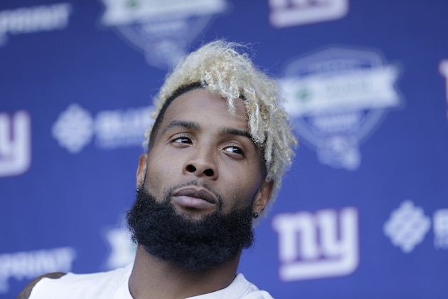 New York Giants' Odell Beckham, Jr. talks to reporters after a NFL football practice in East Rutherford, N.J., Tuesday, June 13, 2017. (AP Photo/Seth Wenig)