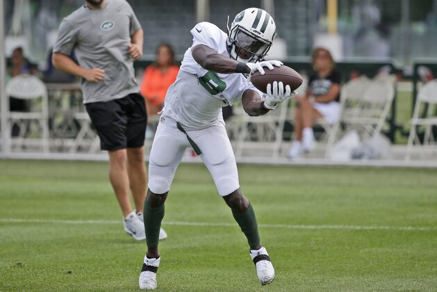 New York Jets Lucky Whitehead makes a catch during a NFL football training camp in Florham Park, N.J., Tuesday, Aug. 8, 2017. (AP Photo/Seth Wenig) New York Jets Lucky Whitehead makes a catch during a NFL football training camp in Florham Park, N.J., Tuesday, Aug. 8, 2017. (AP Photo/Seth Wenig)
