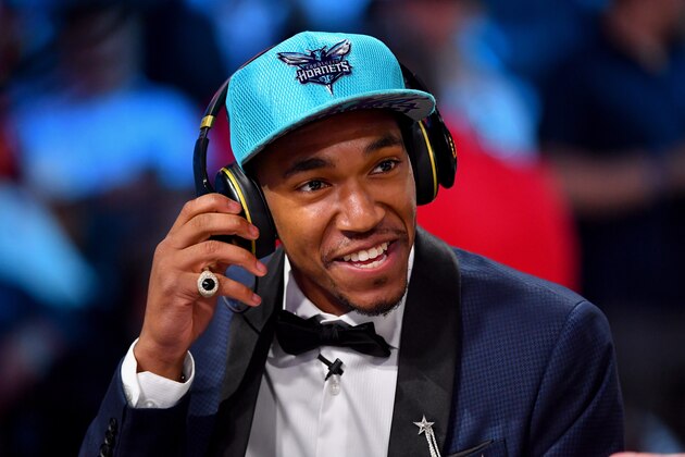 BROOKLYN, NY - JUNE 22:   Malik Monk of the Charlotte Hornets smiles while he talks to the media after being the 11th overall pick at the 2017 NBA Draft on June 22, 2017 at Barclays Center in Brooklyn, New York. NOTE TO USER: User expressly acknowledges and agrees that, by downloading and or using this photograph, User is consenting to the terms and conditions of the Getty Images License Agreement. Mandatory Copyright Notice: Copyright 2017 NBAE (Photo by Jesse D. Garrabrant/NBAE via Getty Images)