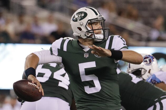 New York Jets quarterback Christian Hackenberg (5) throws against the Tennessee Titans during the fourth quarter of an NFL football game, Saturday, Aug. 12, 2017, in East Rutherford, N.J. (AP Photo/Julio Cortez)