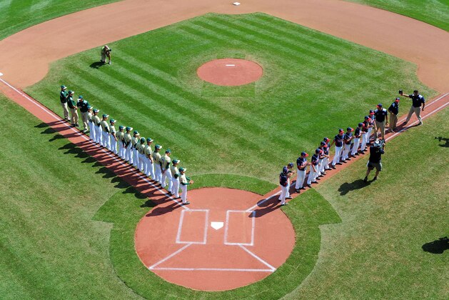 Aug 28, 2016; Williamsport, PA, USA; Players for both teams get introduced prior to the game between the Asia-Pacific Region and Mid-Atlantic Region during the championship game of the 2016 Little League World Series at Howard J. Lamade Stadium. Mandatory Credit: Evan Habeeb-USA TODAY Sports