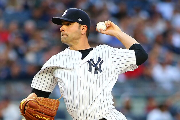 Aug 11, 2017; Bronx, NY, USA; New York Yankees starting pitcher Jaime Garcia (34) pitches against the Boston Red Sox during the first inning at Yankee Stadium. Mandatory Credit: Andy Marlin-USA TODAY Sports