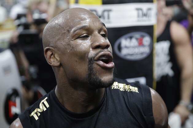 Floyd Mayweather Jr. trains at his gym Thursday, Aug. 10, 2017, in Las Vegas. Mayweather is scheduled to fight Conor McGregor Aug. 26 in Las Vegas. (AP Photo/John Locher)