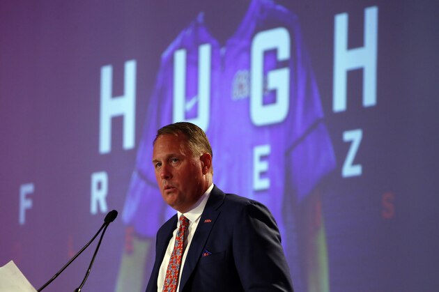Mississippi NCAA college football coach Hugh Freeze speaks during the Southeastern Conference's annual media gathering, Thursday, July 13, 2017, in Hoover, Ala. (AP Photo/Butch Dill)