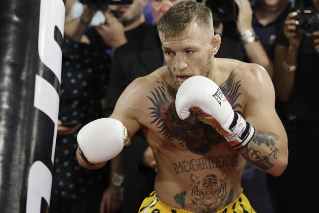 Conor McGregor trains during a media workout Friday, Aug. 11, 2017, in Las Vegas. McGregor is scheduled to fight Floyd Mayweather Jr. in a boxing match Aug. 26 in Las Vegas. (AP Photo/John Locher)