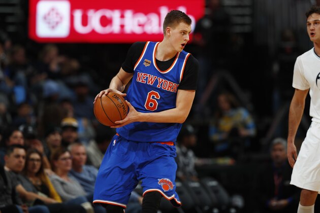 New York Knicks forward Kristaps Porzingis (6) in the second half of an NBA basketball game Saturday, Dec. 17, 2016, in Denver. The Nuggets won 127-114. (AP Photo/David Zalubowski)