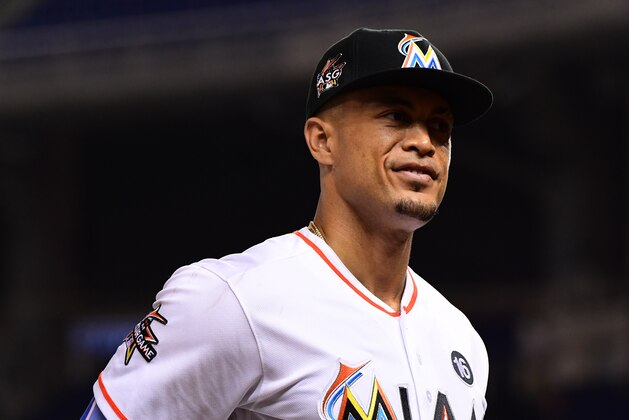 MIAMI, FL - AUGUST 15:  Giancarlo Stanton #27 of the Miami Marlins during the game between the Miami Marlins and the San Francisco Giants at Marlins Park on August 15, 2017 in Miami, Florida. (Photo by Mark Brown/Getty Images)