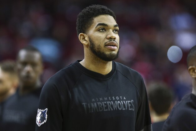 Apr 12, 2017; Houston, TX, USA; Minnesota Timberwolves center Karl-Anthony Towns (32) looks on during warm ups prior to the game against the Houston Rockets at Toyota Center. Mandatory Credit: Troy Taormina-USA TODAY Sports