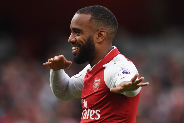 LONDON, ENGLAND - AUGUST 11:  Alexandre Lacazette of Arsenal celebrates after scoring the opening goal during the Premier League match between Arsenal and Leicester City at the Emirates Stadium on August 11, 2017 in London, England.  (Photo by Michael Regan/Getty Images)