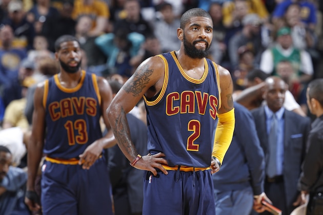INDIANAPOLIS, IN - APRIL 23: Kyrie Irving #2 of the Cleveland Cavaliers looks on against the Indiana Pacers in Game Four of the Eastern Conference Quarterfinals during the 2017 NBA Playoffs at Bankers Life Fieldhouse on April 23, 2017 in Indianapolis, Indiana. The Cavaliers defeated the Pacers 106-102 to sweep the series 4-0. NOTE TO USER: User expressly acknowledges and agrees that, by downloading and or using the photograph, User is consenting to the terms and conditions of the Getty Images License Agreement. (Photo by Joe Robbins/Getty Images)