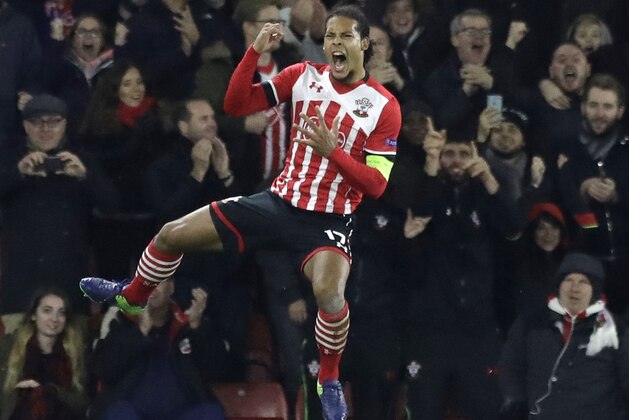 FILE- In this Thursday, Nov. 3, 2016 file photo, Southampton's Virgil van Dijk celebrates scoring during the Europa League group K stage soccer match between Southampton and Internazionale at St. Mary's Stadium in Southampton, England. Liverpool has ended its interest in signing defender Virgil van Dijk and issued on Wednesday, June 7, 2017 an apology to his club, Southampton, for the media speculation surrounding the possible transfer.  (AP Photo/Matt Dunham, File)