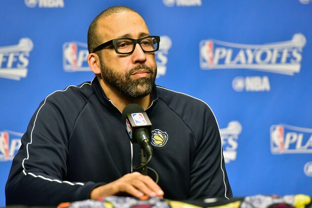 MEMPHIS, TN - APRIL 27:  Head coach David Fizdale of the Memphis Grizzlies speaks to the media prior to Game Six of the Western Conference Quarterfinals game against the San Antonio Spurs during the 2017 NBA Playoffs at FedExForum on April 27, 2017 in Memphis, Tennessee. NOTE TO USER: User expressly acknowledges and agrees that, by downloading and or using this photograph, User is consenting to the terms and conditions of the Getty Images License Agreement.  (Photo by Frederick Breedon/Getty Images)