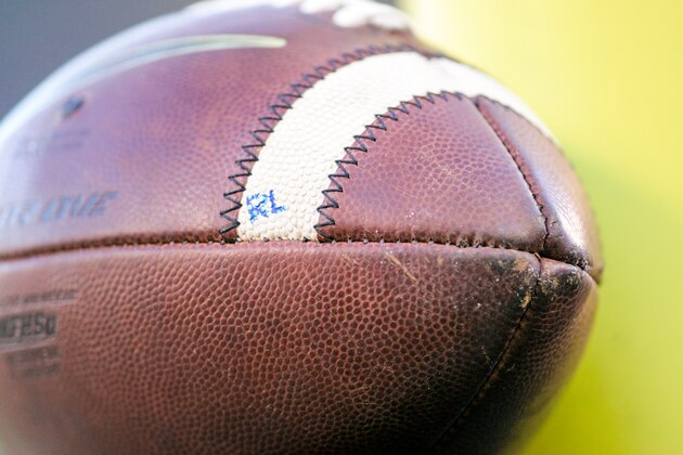 SAN DIEGO, CA - NOVEMBER 05:  A spare game ball rests on the goal post padding during a stop in play of the first half of the game against the San Diego State Aztecs and the Hawaii Rainbows in Qualcomm Stadium on November 5, 2016 in San Diego, California.  (Photo by Kent Horner/Getty Images)