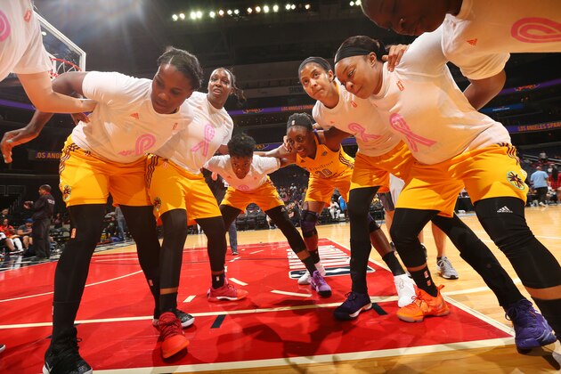 WASHINGTON, DC - AUGUST 16:  The Los Angeles Sparks huddle before the game against the Washington Mystics on August 16, 2017 at the Verizon Center in Washington, DC. NOTE TO USER: User expressly acknowledges and agrees that, by downloading and or using this photograph, User is consenting to the terms and conditions of the Getty Images License Agreement. Mandatory Copyright Notice: Copyright 2017 NBAE (Photo by Ned Dishman/NBAE via Getty Images)
