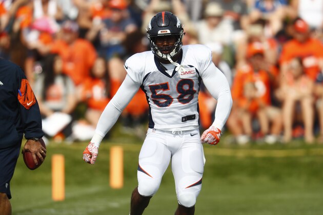 Denver Broncos outside linebacker Von Miller (58) during an NFL football training camp Saturday, Aug. 5, 2017, in Englewood, Colo. (AP Photo/David Zalubowski)