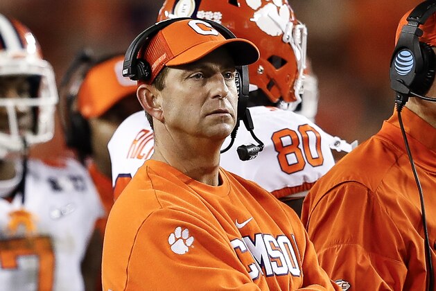 TAMPA, FL - JANUARY 09: Head Coach Dabo Swinney of the Clemson Tigers on the sidelines during the 2017 College Football Playoff National Championship Game against the Alabama Crimson Tide at Raymond James Stadium on January 9, 2017 in Tampa, Florida. The Clemson Tigers defeated The Alabama Crimson Tide 35 to 31. (Photo by Don Juan Moore/Getty Images)