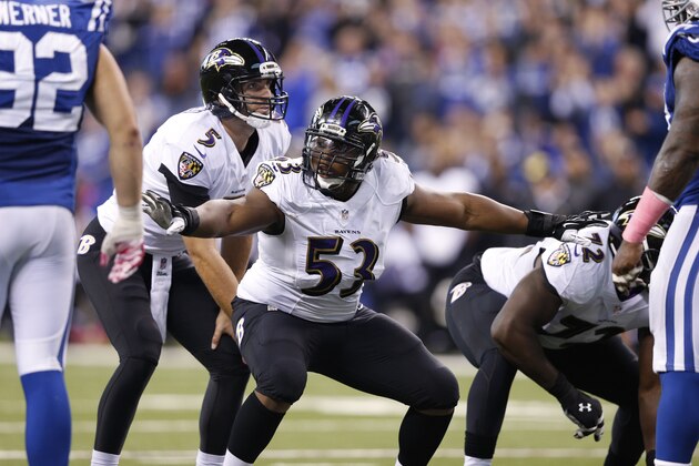 INDIANAPOLIS, IN - OCTOBER 5: Jeremy Zuttah #53 of the Baltimore Ravens in action against the Indianapolis Colts during the game at Lucas Oil Stadium on October 5, 2014 in Indianapolis, Indiana. The Colts defeated the Ravens 20-13. (Photo by Joe Robbins/Getty Images)