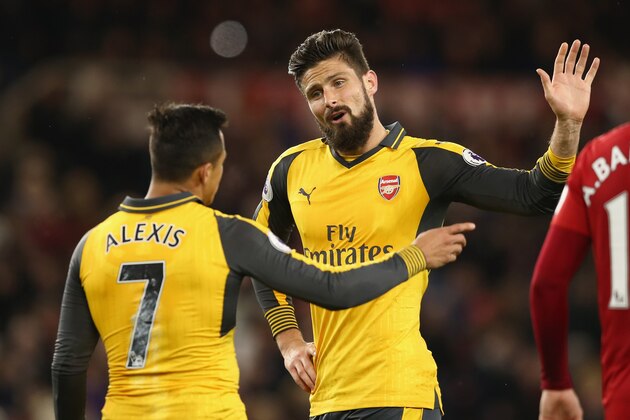 MIDDLESBROUGH, ENGLAND - APRIL 17:  Olivier Giroud and Alexis Sanchez of Arsenal in discussion during the Premier League match between Middlesbrough and Arsenal at Riverside Stadium on April 17, 2017 in Middlesbrough, England.  (Photo by Jan Kruger/Getty Images)