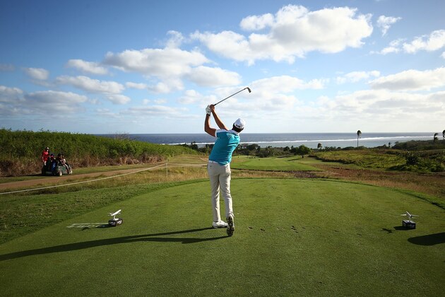 SUVA, FIJI - AUGUST 17:  Daniel Pearce of New Zealand hits his tee shot on the 5th hole during day one of the 2017 Fiji International at Natadola Bay Championship Golf Course on August 17, 2017 in Suva, Fiji.  (Photo by Mark Metcalfe/Getty Images)