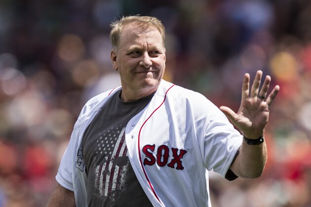 BOSTON, MA - JULY 30: Former Boston Red Sox player Curt Schilling is introduced during a 2007 World Series Champion team reunion before a game against the Kansas City Royals on July 30, 2017 at Fenway Park in Boston, Massachusetts. (Photo by Billie Weiss/Boston Red Sox/Getty Images)