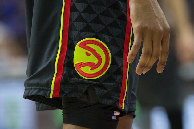 Feb 3, 2016; Philadelphia, PA, USA; Then Atlanta Hawks logo on a pant during a game against the Philadelphia 76ers at Wells Fargo Center. The Atlanta Hawks won 124-86.Mandatory Credit: Bill Streicher-USA TODAY Sports