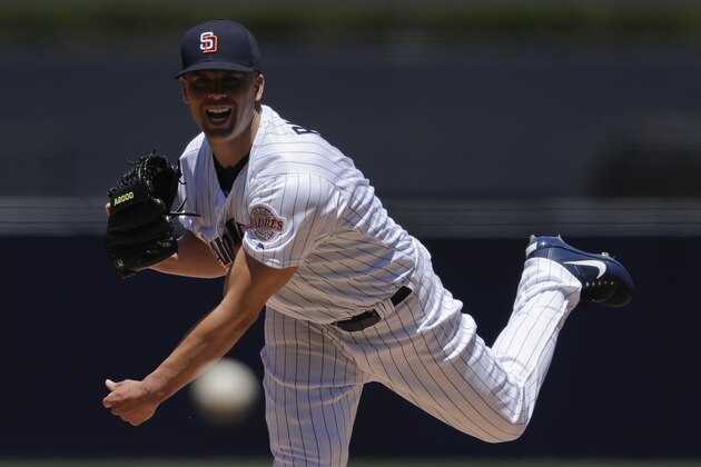 San Diego Padres starting pitcher Clayton Richard works against a Philadelphia Phillies batter during the first inning of a baseball game Wednesday, Aug. 16, 2017, in San Diego. (AP Photo/Gregory Bull)