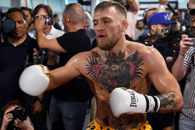 LAS VEGAS, NV - AUGUST 11:  UFC lightweight champion Conor McGregor holds a media workout at the UFC Performance Institute on August 11, 2017 in Las Vegas, Nevada. McGregor will fight Floyd Mayweather Jr. in a boxing match at T-Mobile Arena on August 26 in Las Vegas.  (Photo by Ethan Miller/Getty Images)