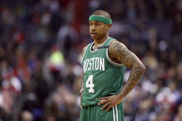 Boston Celtics guard Isaiah Thomas (4) stands on the court in the first half of game 6 of the Eastern Conference semifinal NBA basketball playoff series against the Washington Wizards, Friday, May 12, 2017, in Washington. (AP Photo/Alex Brandon)