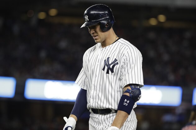 New York Yankees' Aaron Judge (99) reacts after hitting a fly out during the seventh inning of a baseball game against the Boston Red Sox Friday, Aug. 11, 2017, in New York. (AP Photo/Frank Franklin II)