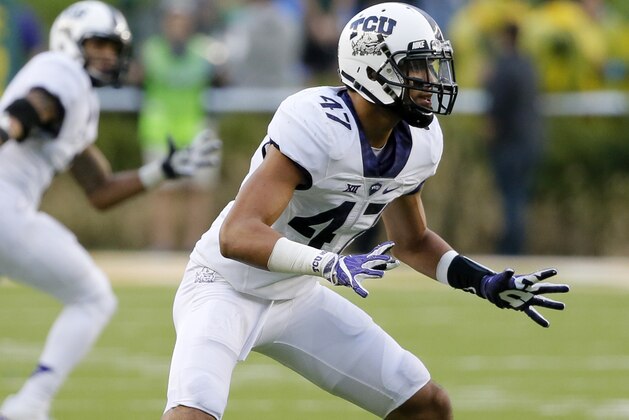TCU defensive end Tipa Galeai defends during an NCAA college football game against Baylor on Saturday, Nov. 5, 2016, in Waco, Texas. (AP Photo/Tony Gutierrez)