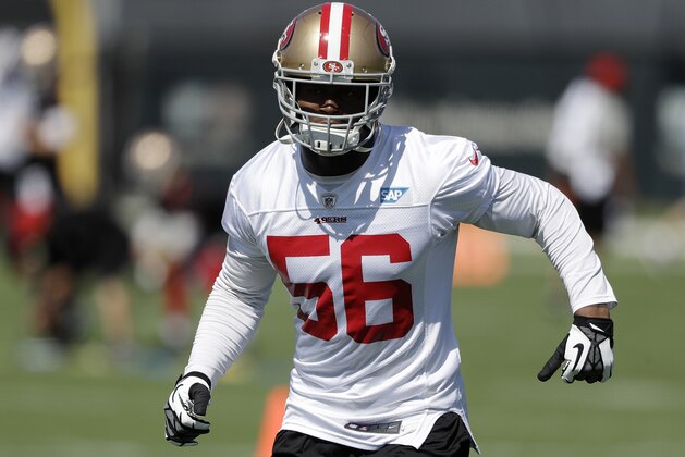San Francisco 49ers linebacker Reuben Foster runs during the NFL team's football training camp Friday, July 28, 2017, in Santa Clara, Calif. (AP Photo/Marcio Jose Sanchez)