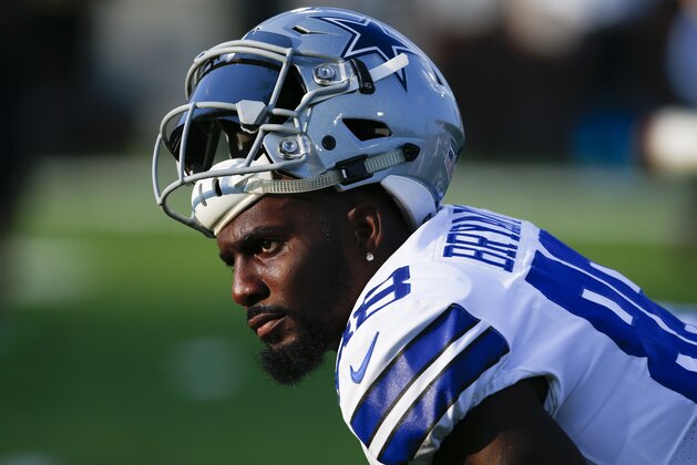 Dallas Cowboys wide receiver Dez Bryant stretches before the Cowboys played the Arizona Cardinals in the Pro Football Hall of Fame NFL preseason game in Canton, Ohio, Thursday, Aug. 3, 2017. (AP Photo/Ron Schwane)