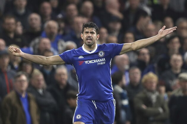 Chelsea's Diego Costa shouts during the English Premier League soccer match between Chelsea and Middlesbrough at Stamford Bridge stadium in London, Monday, May 8, 2017. (AP Photo/Alastair Grant)