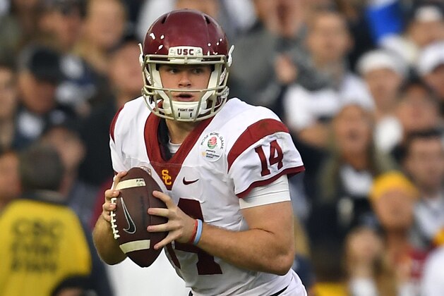 FILE - In this Monday, Jan. 2, 2017, file photo, Southern California quarterback Sam Darnold looks to pass during the first half of the Rose Bowl NCAA college football game against Penn State in Pasadena, Calif. Darnold was selected to the Associated Press 2016 All-Bowl Team, announced on Wednesday, Jan. 4, 2017. (AP Photo/Mark J. Terrill)