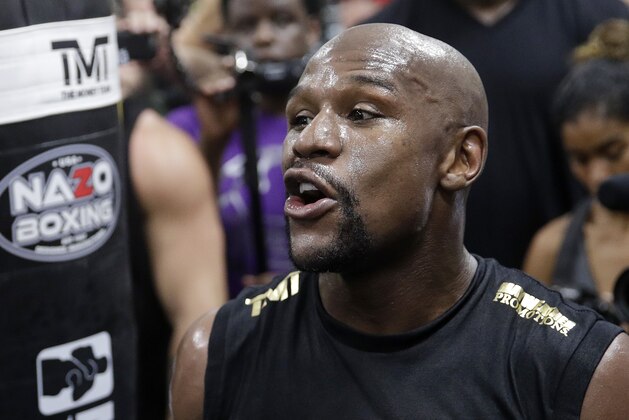 Floyd Mayweather Jr. trains at his gym Thursday, Aug. 10, 2017, in Las Vegas. Mayweather is scheduled to fight Conor McGregor Aug. 26 in Las Vegas. (AP Photo/John Locher)