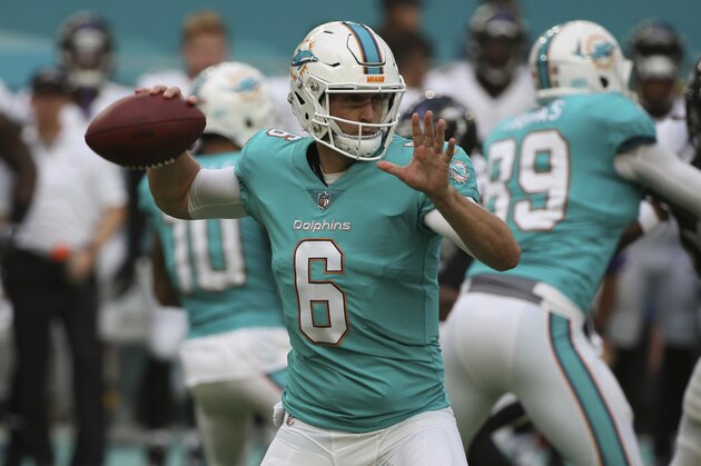 Miami Dolphins quarterback Jay Cutler (6), looks to pass the ball, during the first half of an NFL preseason football game against the Baltimore Ravens, Thursday, Aug. 17, 2017, in Miami Gardens, Fla. (AP Photo/Wilfredo Lee)