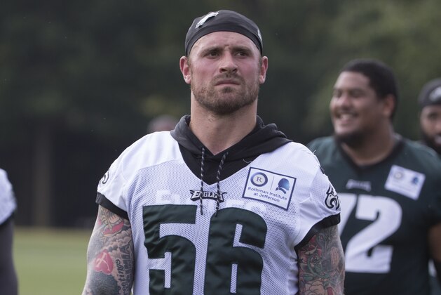 PHILADELPHIA, PA - JUNE 13: Chris Long #56 of the Philadelphia Eagles walks off the field during mandatory minicamp at the NovaCare Complex on June 13, 2017 in Philadelphia, Pennsylvania. (Photo by Mitchell Leff/Getty Images)