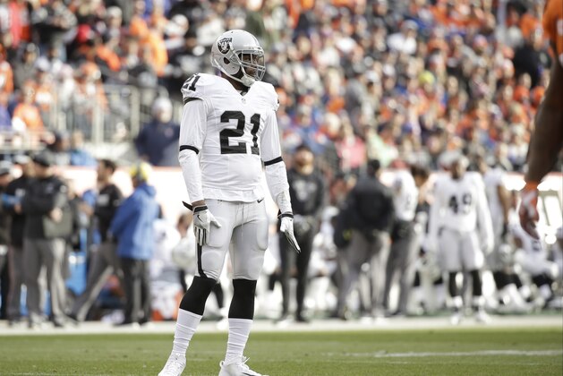 Oakland Raiders cornerback Sean Smith stands on the field during an NFL football game against the Denver Broncos, Sunday, Jan. 1, 2017, in Denver. (AP Photo/Jack Dempsey)