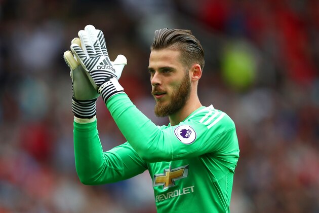 MANCHESTER, ENGLAND - AUGUST 13:  David De Gea of Manchester United applauds the fans during the Premier League match between Manchester United and West Ham United at Old Trafford on August 13, 2017 in Manchester, England.  (Photo by Dan Istitene/Getty Images)