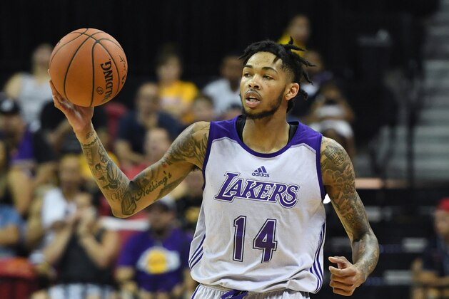 LAS VEGAS, NV - JULY 07: Brandon Ingram #14 of the Los Angeles Lakers brings the ball up the court against the Los Angeles Clippers during the 2017 Summer League at the Thomas & Mack Center on July 7, 2017 in Las Vegas, Nevada. The Clippers won 96-93 in overtime. NOTE TO USER: User expressly acknowledges and agrees that, by downloading and or using this photograph, User is consenting to the terms and conditions of the Getty Images License Agreement. (Photo by Ethan Miller/Getty Images) LAS VEGAS, NV - JULY 07: Brandon Ingram #14 of the Los Angeles Lakers brings the ball up the court against the Los Angeles Clippers during the 2017 Summer League at the Thomas & Mack Center on July 7, 2017 in Las Vegas, Nevada. The Clippers won 96-93 in overtime. NOTE TO USER: User expressly acknowledges and agrees that, by downloading and or using this photograph, User is consenting to the terms and conditions of the Getty Images License Agreement. (Photo by Ethan Miller/Getty Images)