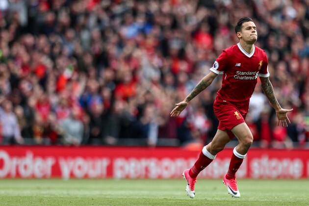 LIVERPOOL, ENGLAND - MAY 21: Philippe Coutinho of Liverpool celebrates after scoring a goal to make it 2-0 during the Premier League match between Liverpool and Middlesbrough at Anfield on May 21, 2017 in Liverpool, England. (Photo by Robbie Jay Barratt - AMA/Getty Images)