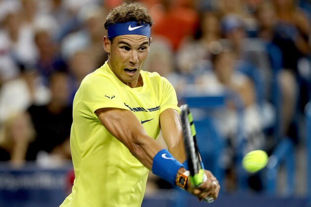MASON, OH - AUGUST 16:  Rafael Nadal of Spain returns a shot to Richard Gasquet of France during day 5 of the Western & Southern Open at the Lindner Family Tennis Center on August 16, 2017 in Mason, Ohio.  (Photo by Matthew Stockman/Getty Images)