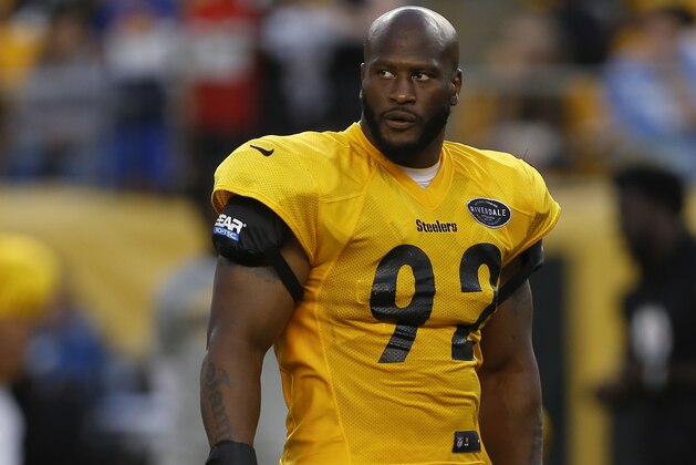 Pittsburgh Steelers outside linebacker James Harrison (92) during an NFL training camp football practice at Heinz Field, Sunday, Aug. 6, 2017, in Pittsburgh. (AP Photo/Keith Srakocic)