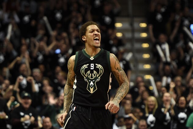 MILWAUKEE, WI - APRIL 20:  Michael Beasley #9 of the Milwaukee Bucks reacts to a three-point shot against the Toronto Raptors during the first half of Game Three of the Eastern Conference Quarterfinals during the 2017 NBA Playoffs at the BMO Harris Bradley Center on April 20, 2017 in Milwaukee, Wisconsin.  NOTE TO USER: User expressly acknowledges and agrees that, by downloading and or using this photograph, User is consenting to the terms and conditions of the Getty Images License Agreement.  (Photo by Stacy Revere/Getty Images)