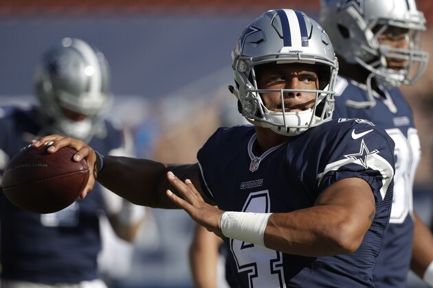 Dallas Cowboys quarterback Dak Prescott warms up before the Los Angeles Rams play the Cowboys in a preseason NFL football game Saturday, Aug. 12, 2017, in Los Angeles. (AP Photo/Jae C. Hong)