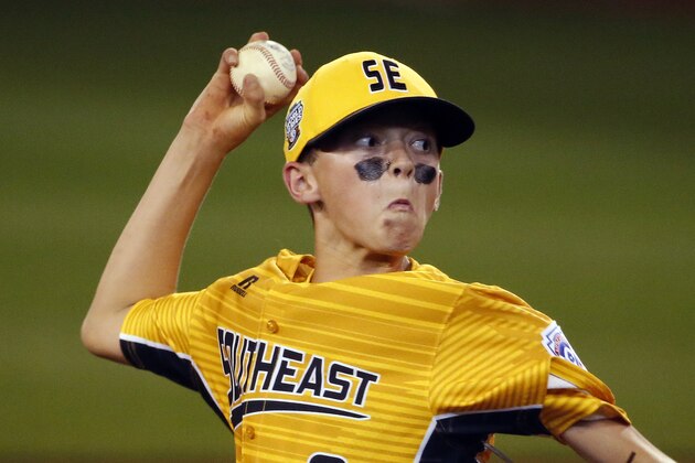 Greenville, N.C. pitcher Chase Anderson delivers in the first inning of a baseball game against Sioux Falls, S.D., in United States pool play at the Little League World Series tournament in South Williamsport, Pa., Friday, Aug. 18, 2017. (AP Photo/Gene J. Puskar)