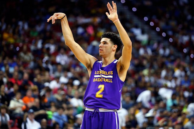 Jul 15, 2017; Las Vegas, NV, USA; Los Angeles Lakers guard Lonzo Ball against the Brooklyn Nets during an NBA Summer League game at Thomas & Mack Center. Mandatory Credit: Mark J. Rebilas-USA TODAY Sports
