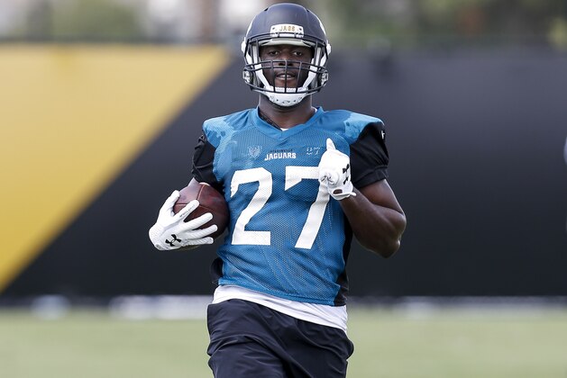 JACKSONVILLE, FL - JULY 28: Runningback Leonard Fournette #27 of the Jacksonville Jaguars works out during Training Camp at Florida Blue Health and Wellness Practice Fields on July 28, 2017 in Jacksonville, Florida. (Photo by Don Juan Moore/Getty Images)