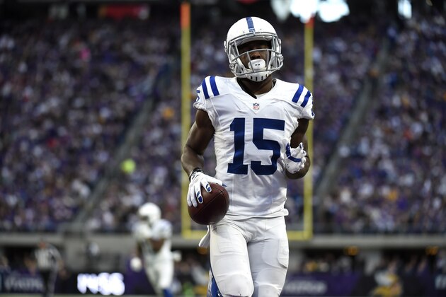 MINNEAPOLIS, MN - DECEMBER 18: Phillip Dorsett #15 of the Indianapolis Colts celebrates after catching a 50 yard pass for a touchdown in the fourth quarter of the game against the Minnesota Vikings on December 18, 2016 at US Bank Stadium in Minneapolis, Minnesota. (Photo by Hannah Foslien/Getty Images)