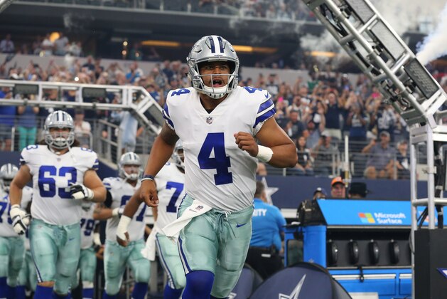 Aug 19, 2017; Arlington, TX, USA;  Dallas Cowboys quarterback Dak Prescott (4) takes the field prior to the game against Indianapolis Colts at AT&T Stadium. Mandatory Credit: Matthew Emmons-USA TODAY Sports
